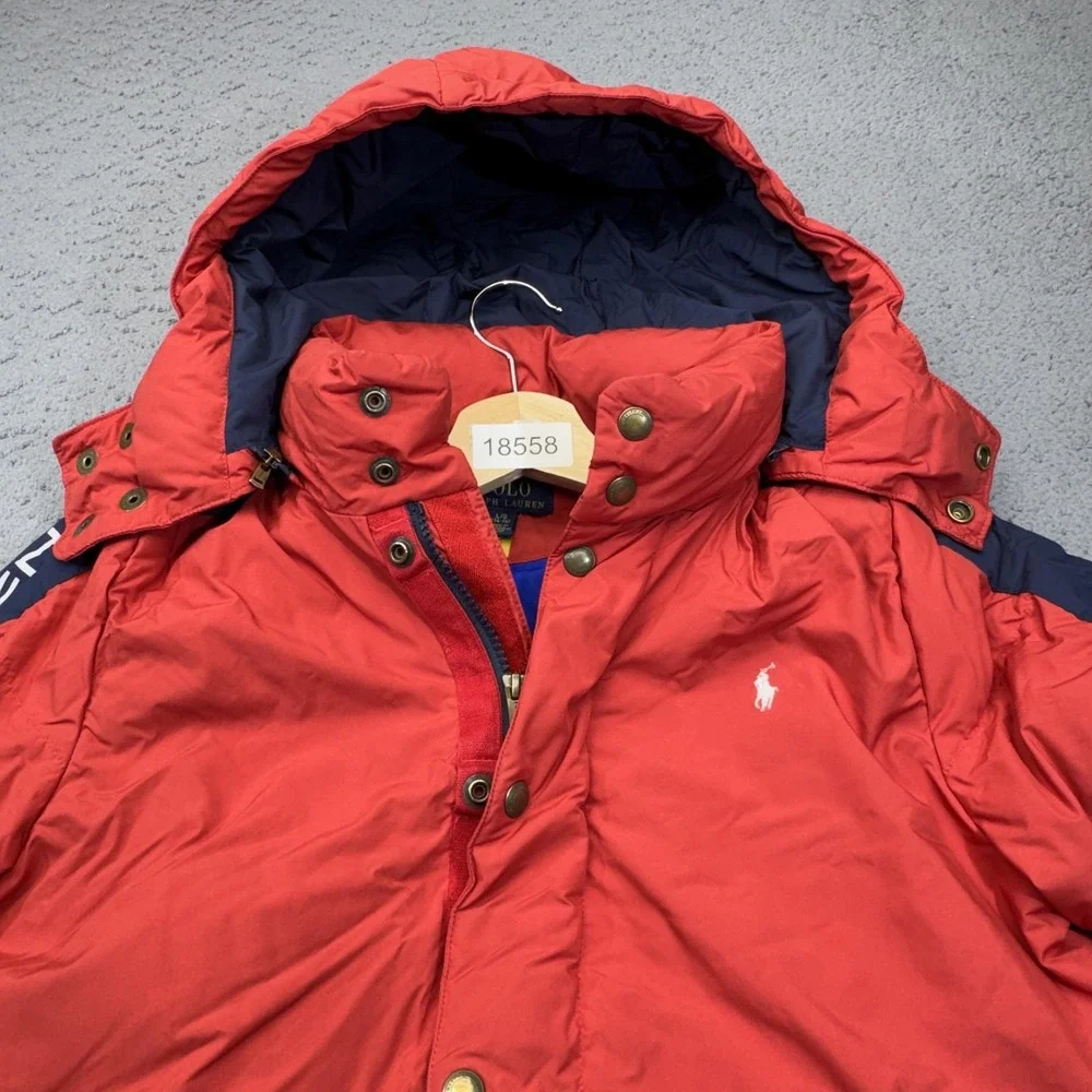 Polo Ralph Lauren Jacket Boys 14-16 Red Puffer Hooded Down Zip Taffeta